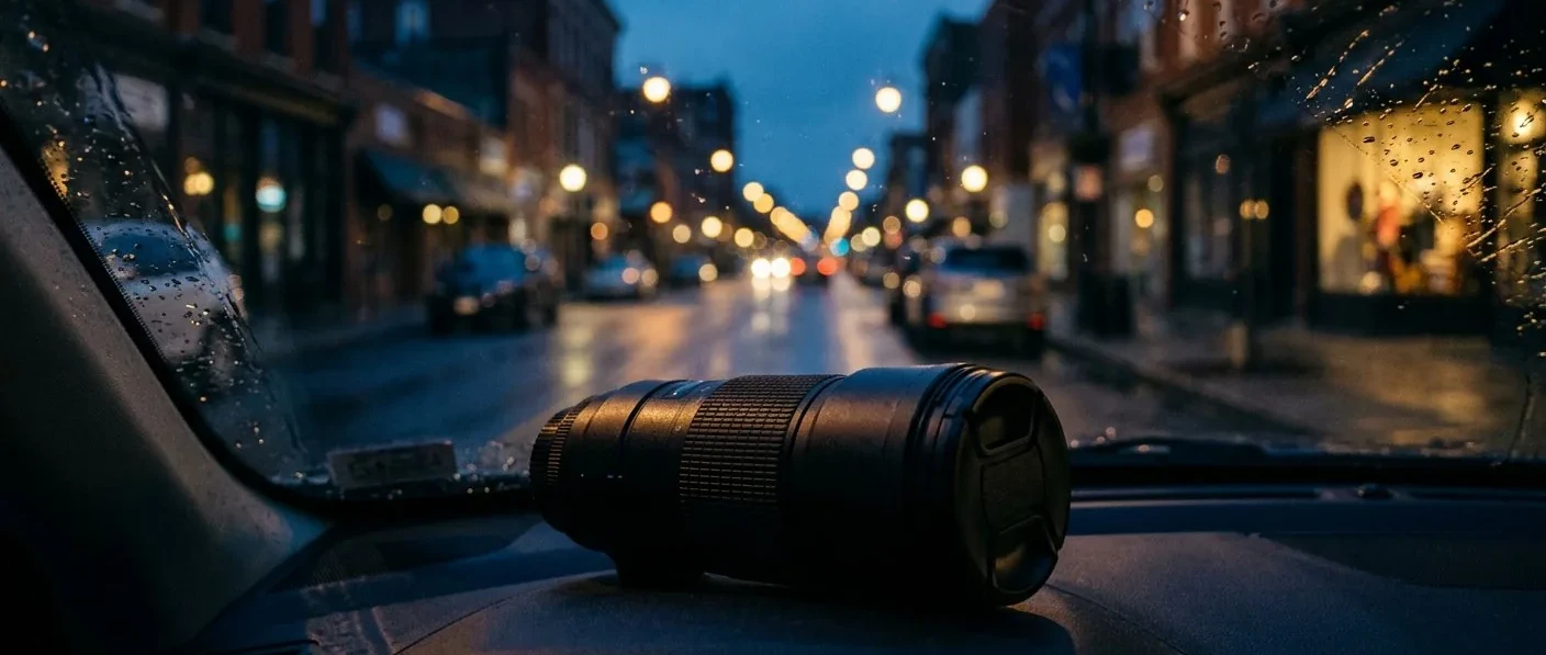 A camera lens resting on a car dashboard on a wet city street at dusk, the view from a surveillance stakeout