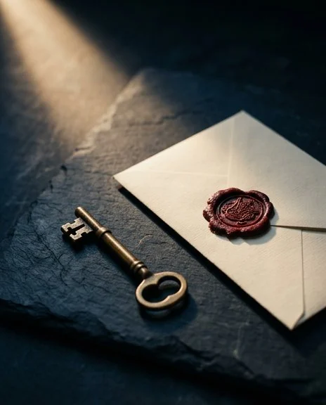 A brass key beside a wax sealed envelope on dark slate