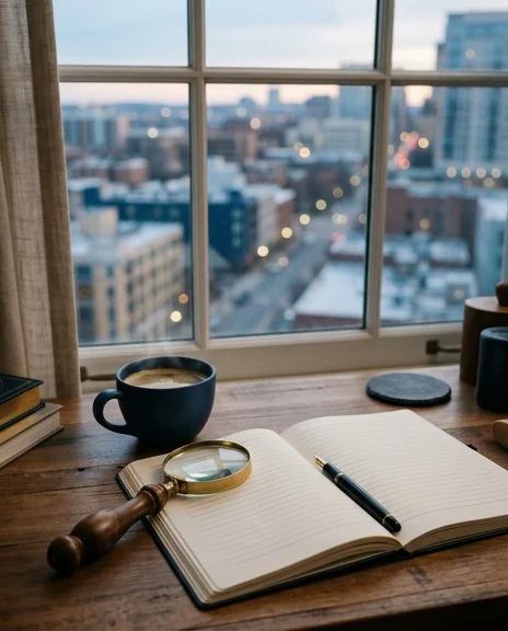 An open notebook, magnifying glass, and coffee by a window over the city at dawn