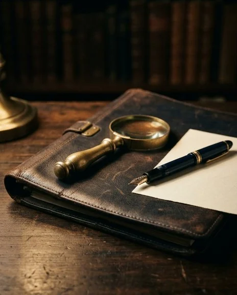 A leather case folio, brass magnifying glass, and fountain pen on a desk at New York Intelligence Agency