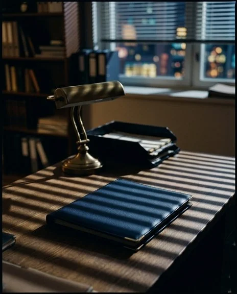A banker's lamp and a navy leather case folio on a desk at New York Intelligence Agency