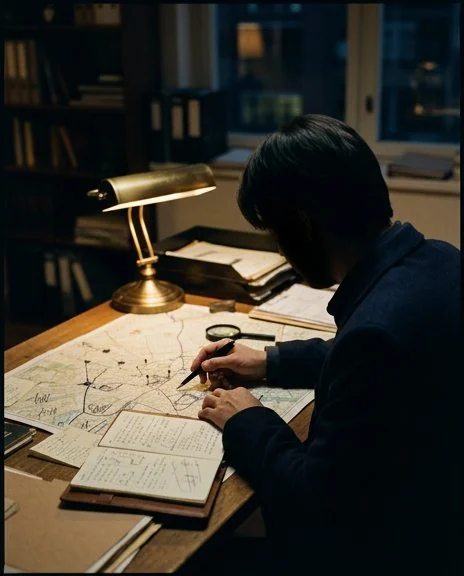 David Schassler reviewing case files and a surveillance map at the New York Intelligence Agency office
