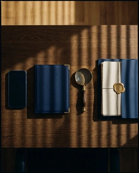 An overhead view of a phone, case folio, magnifying glass, and sealed file on a desk