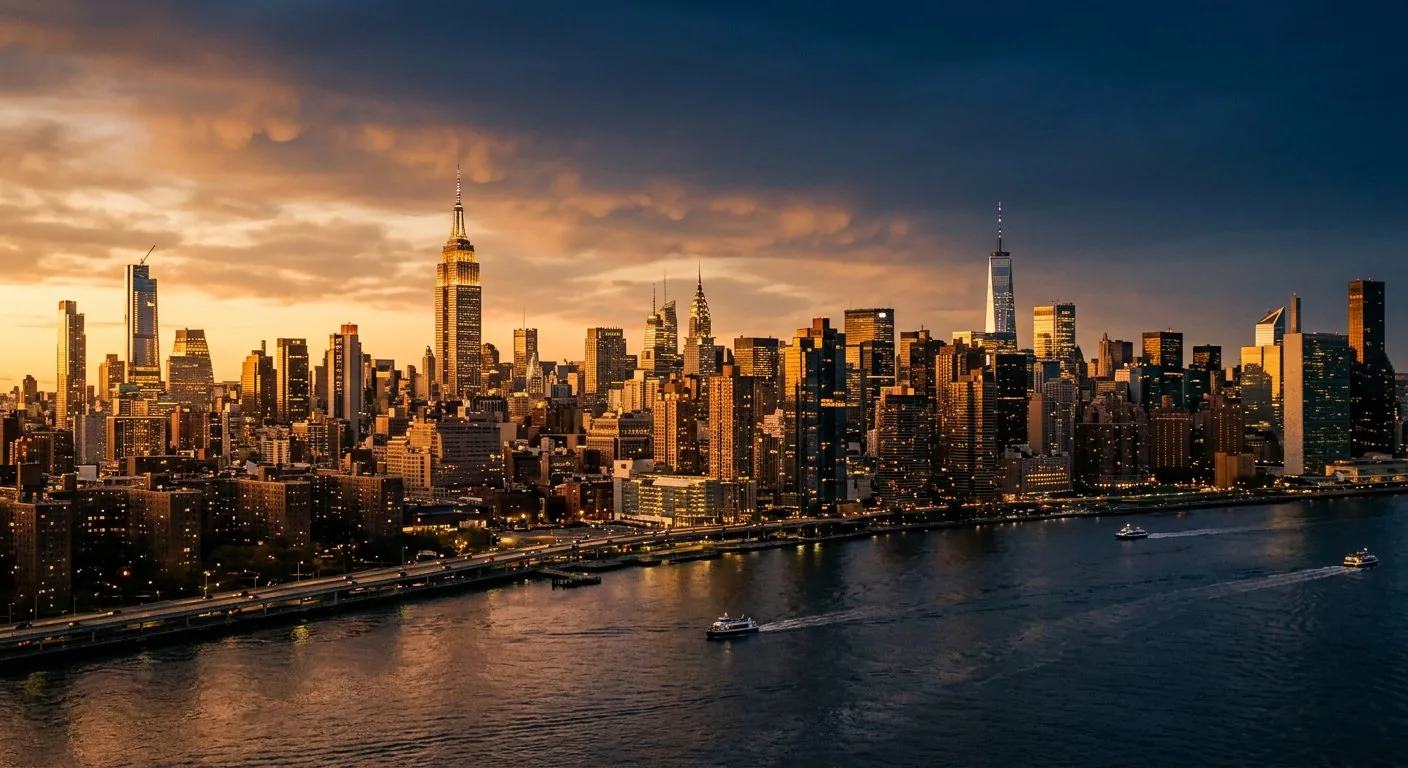 New York City skyline at golden hour. Areas served by New York Intelligence Agency