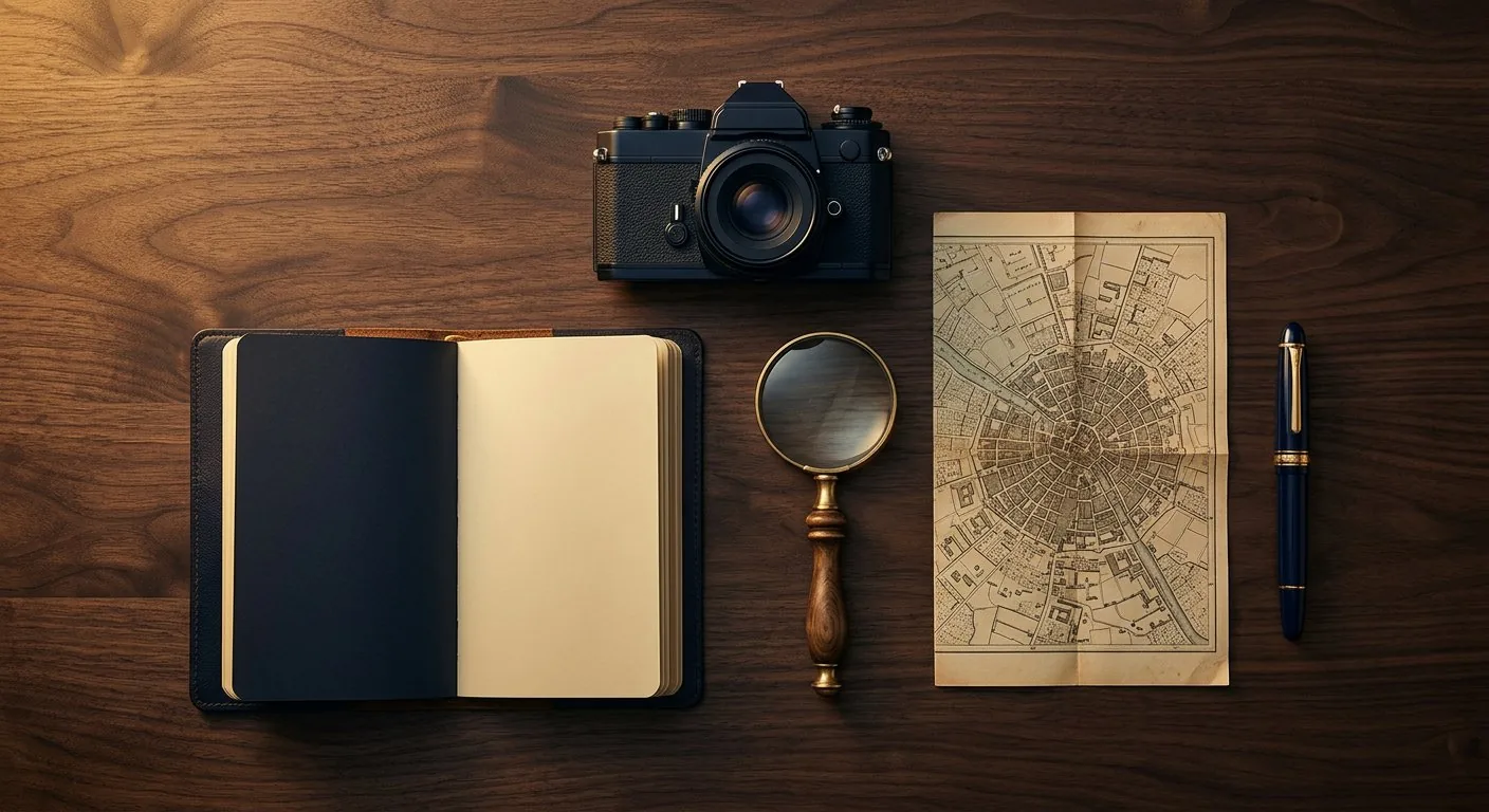 A private investigator's tools. Camera, magnifier, case map and notebook. New York Intelligence Agency