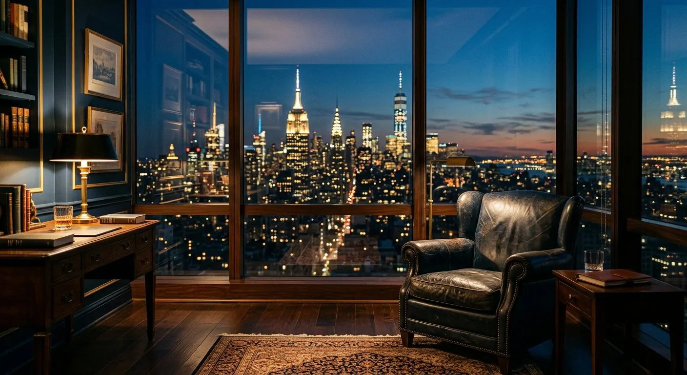 A private investigator's study overlooking the Manhattan skyline at night. New York Intelligence Agency