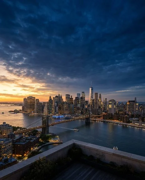 The New York City skyline at dusk seen across the harbor