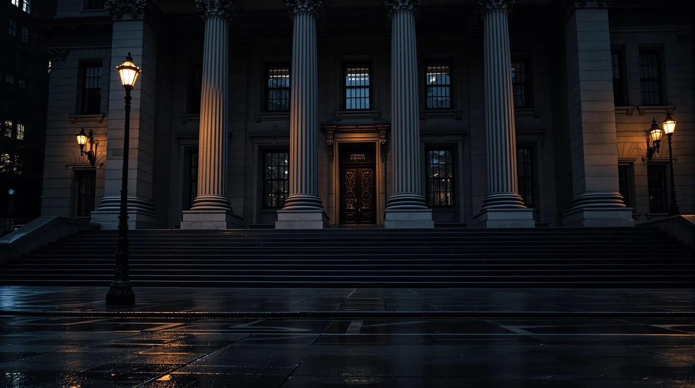 A New York courthouse at night where court records used in a pre marital background check are kept