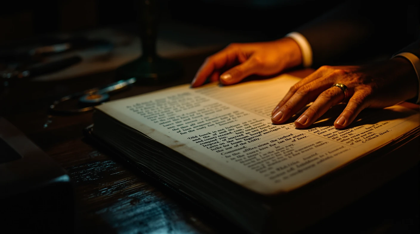 An investigator turning pages of county records under a desk lamp during a pre marital search in New York