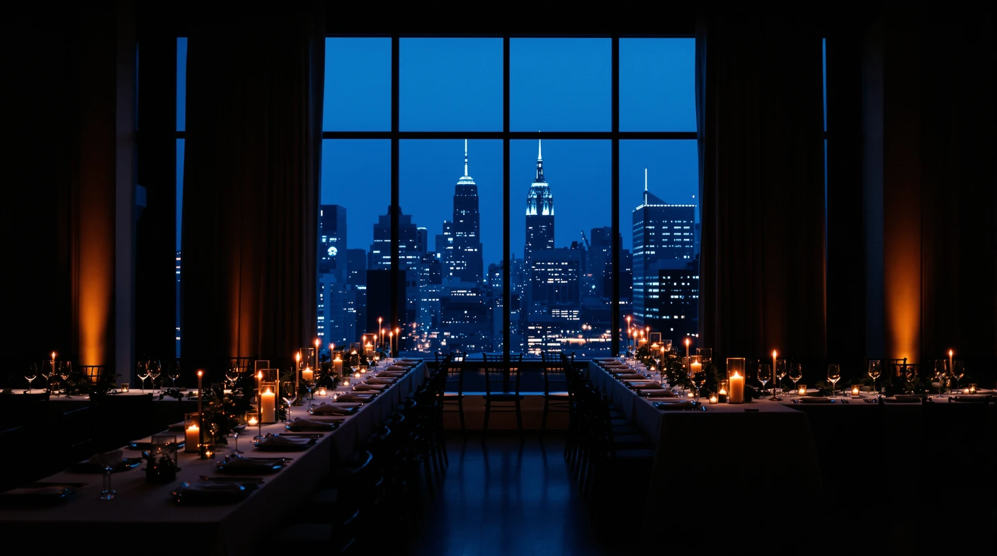An empty New York wedding reception hall at night, set and waiting for the big day