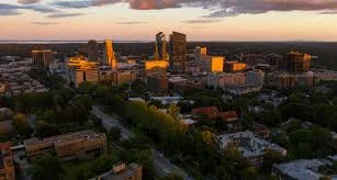 A downtown Westchester skyline at sunset